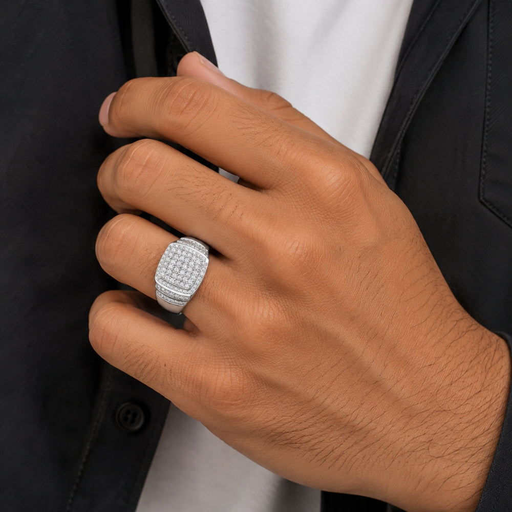 Lab Grown Diamond Round Cut Micro Pave Set Men's Ring For Birthday Gift