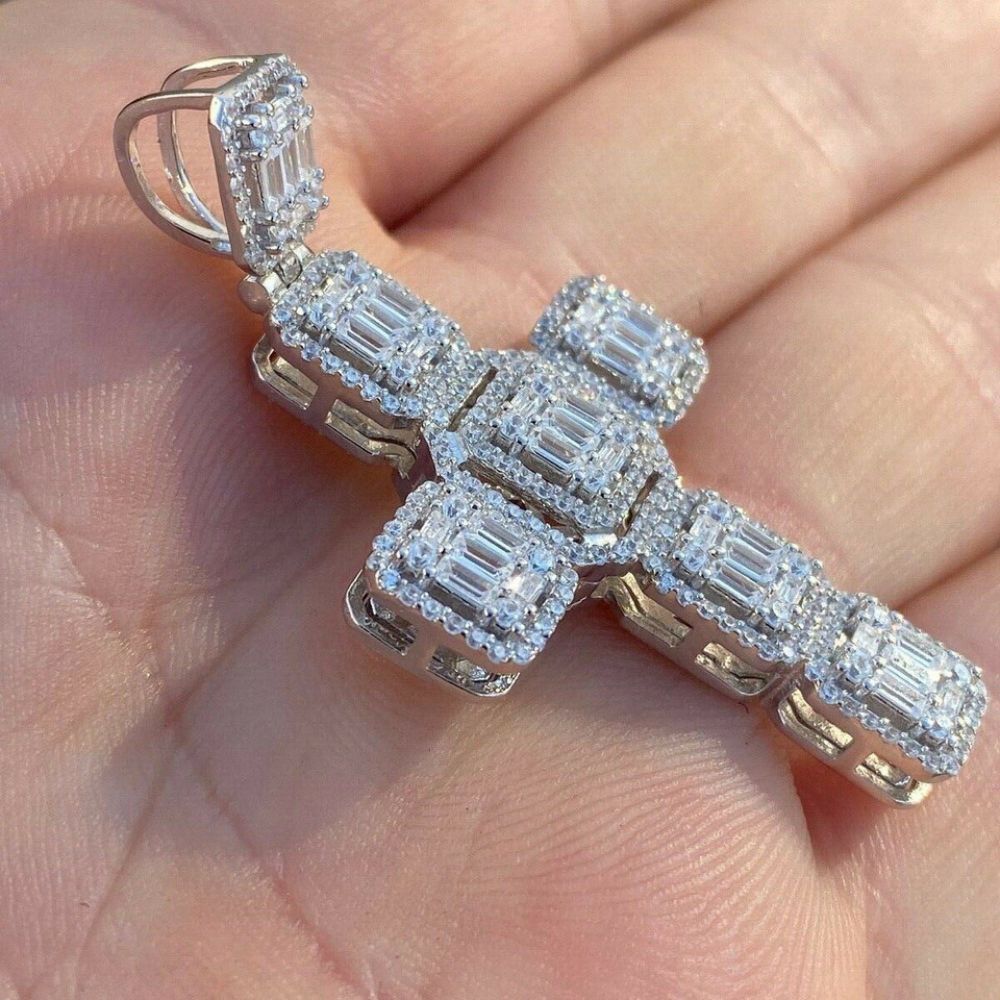 Baguette Cut Moissanite Diamond Rapper Style Cross Pendant