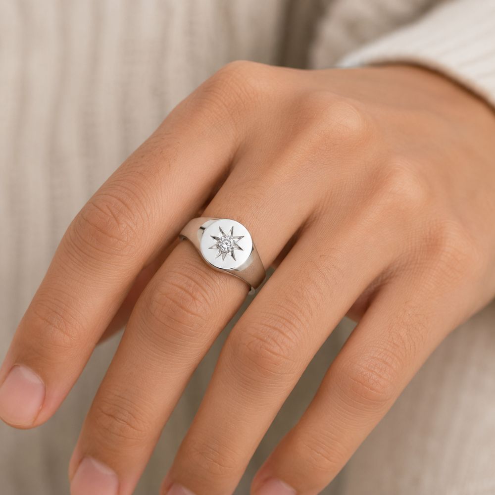 Round Cut Lab Grown Diamond Solitaire Flush Set Men's Ring