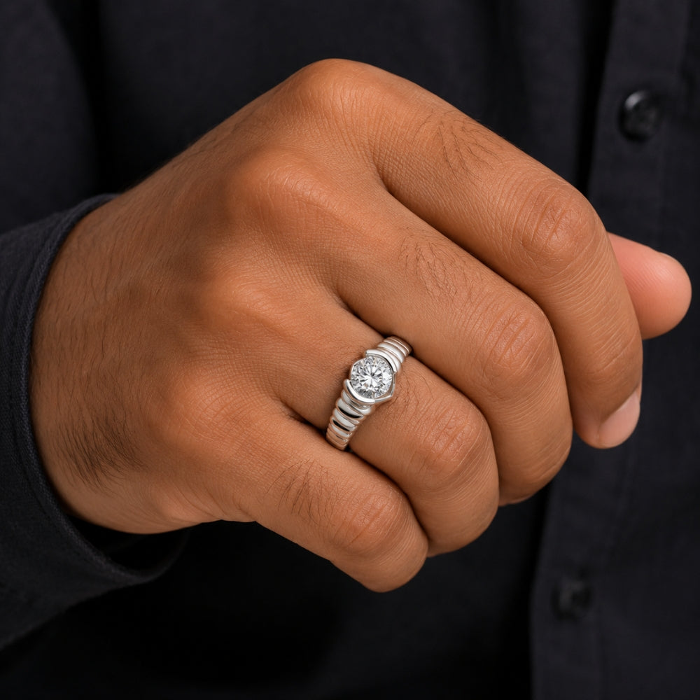 Round Cut Solitaire Lab Grown Diamond Half Bezel Set Men's Ring