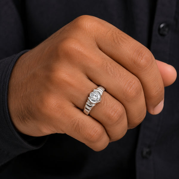 Round Cut Solitaire Lab Grown Diamond Half Bezel Set Men's Ring