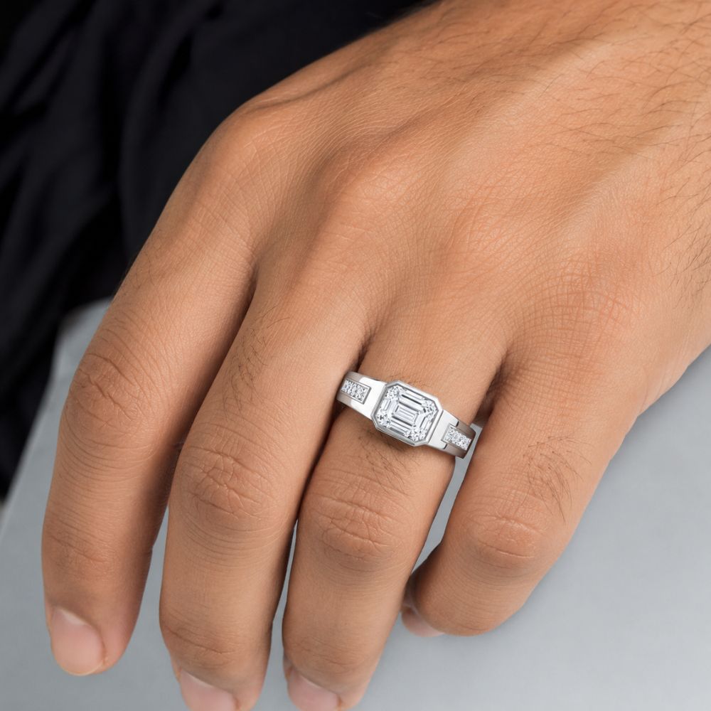 Bezel Set Emerald Cut Lab Grown Diamond Men's Ring For Birthday Gift