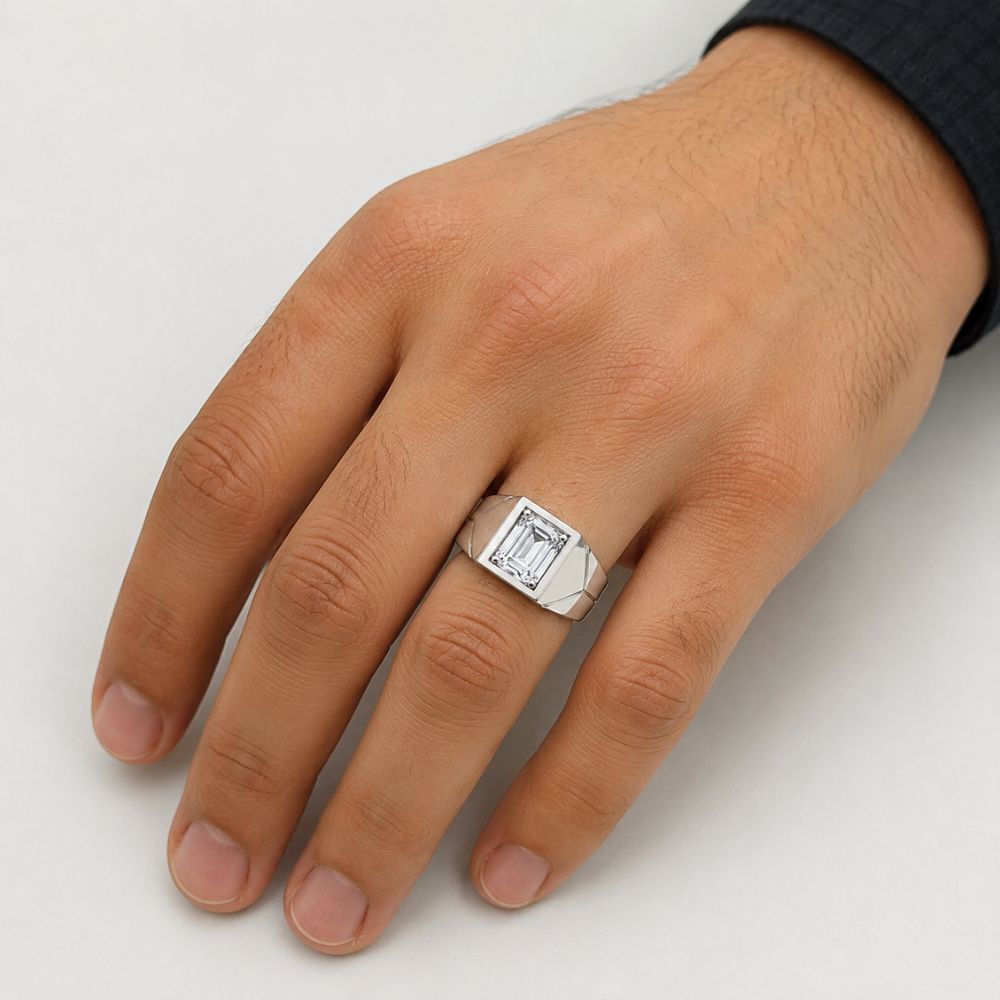 Lab Grown Diamond Emerald Cut Solitaire Bezel Set Ring For Men