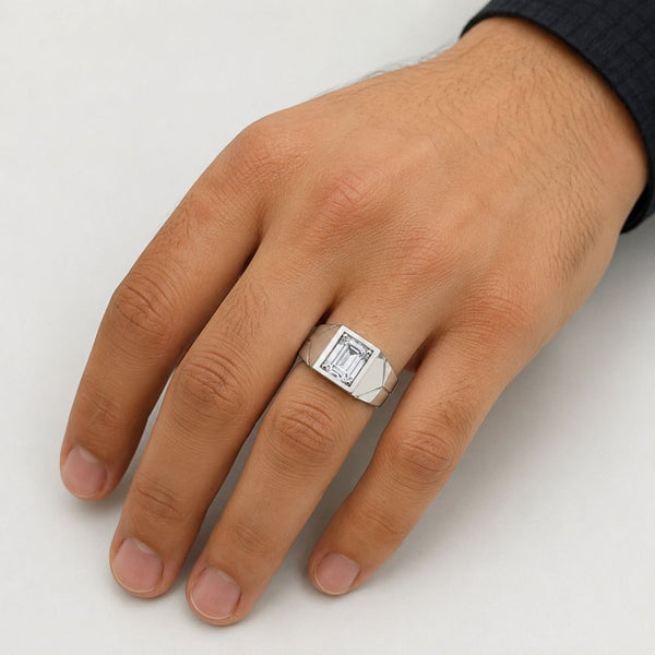 Lab Grown Diamond Emerald Cut Solitaire Bezel Set Ring For Men
