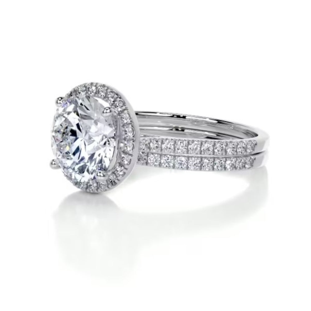 Round Cut Moissanite Halo Style Bridal Ring Set