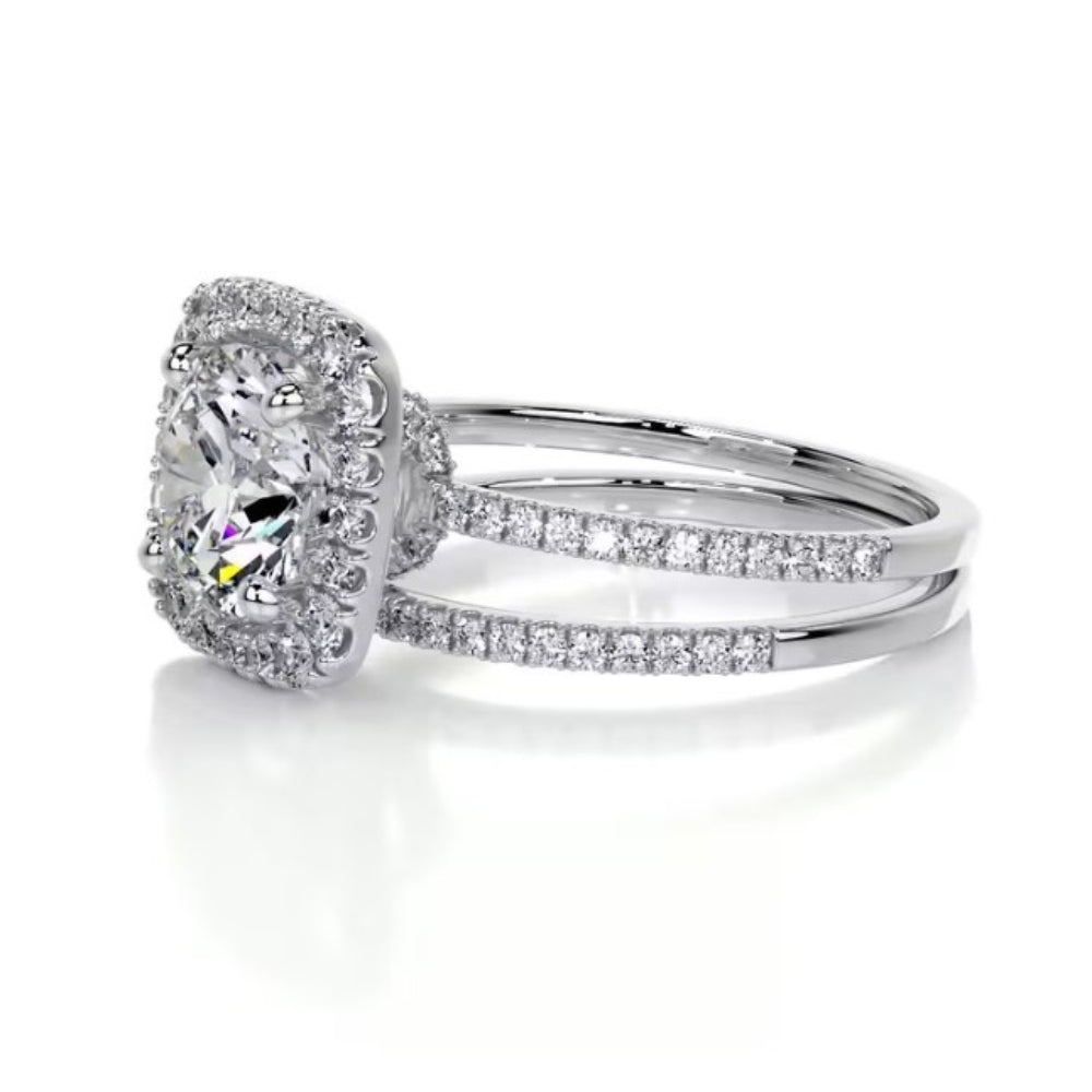 Moissanite Round Cut Hidden Halo Wedding Ring Set