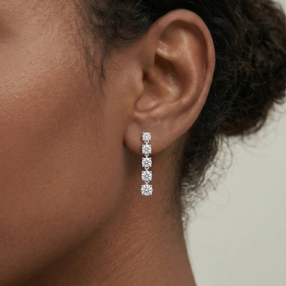 Round Cut Five Stone Moissanite Drop Dangle Earrings