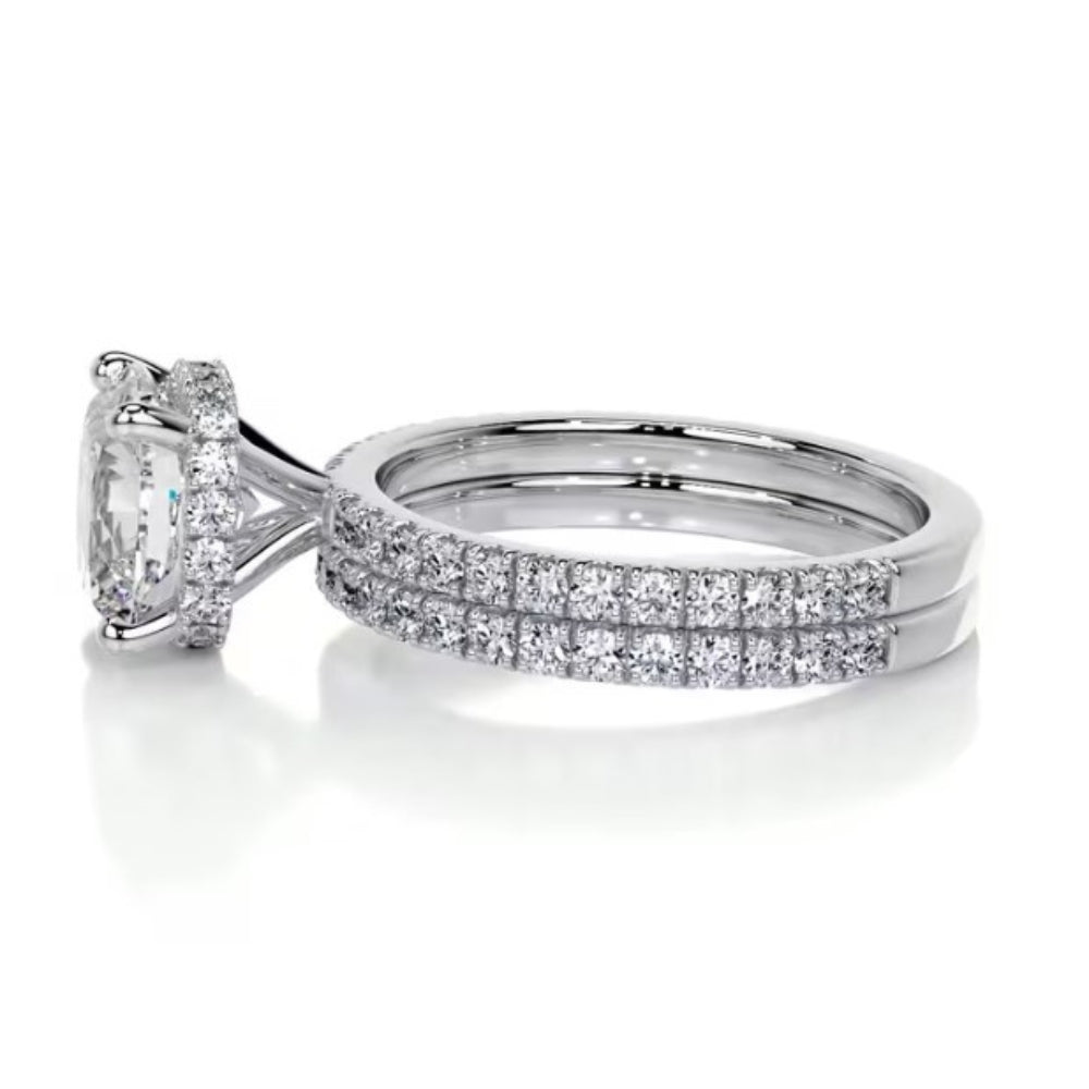 Cushion Cut Moissanite Hidden Halo Wedding Ring Set