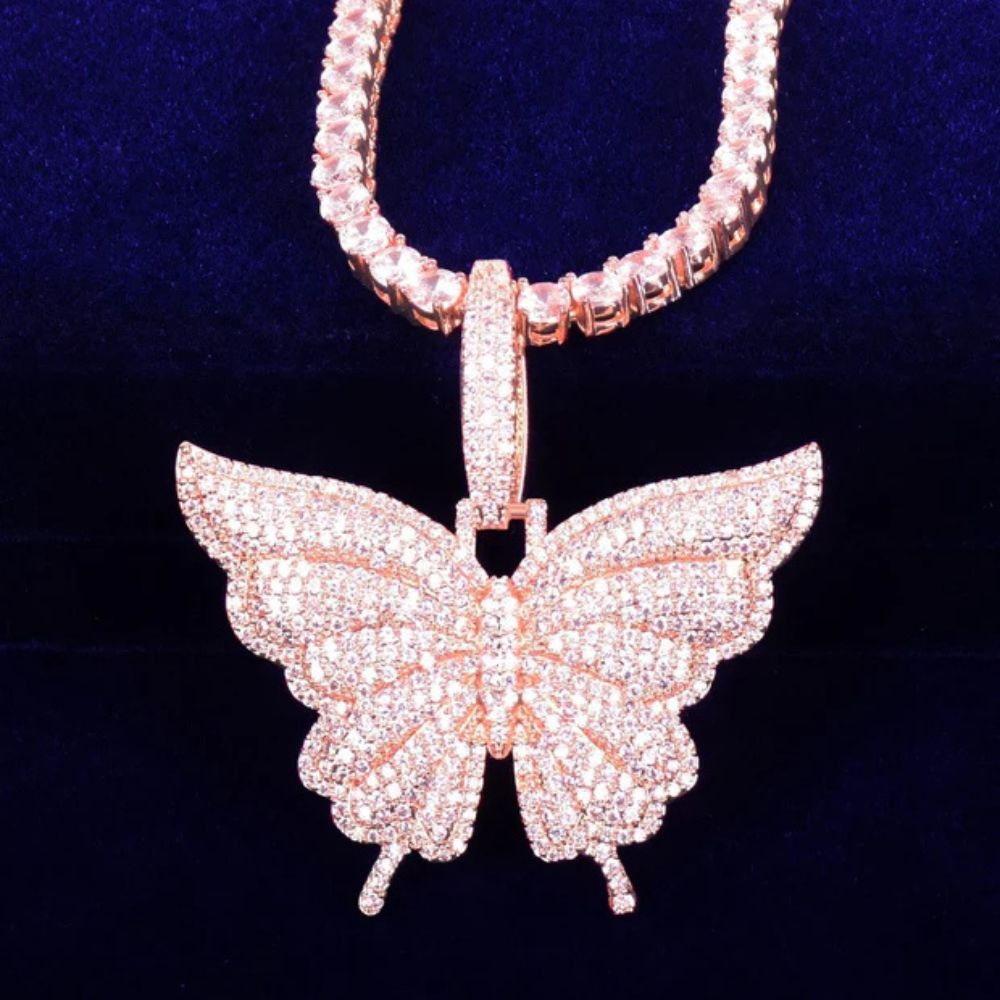 Round Cut Iced Out Lab Grown Diamond Butterfly Pendant