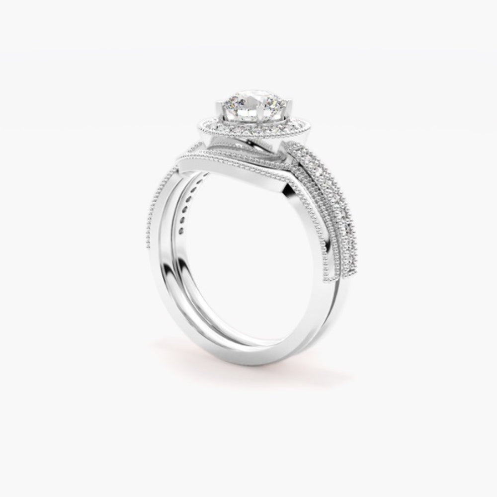 Moissanite Round Cut Halo Ring Set For Wedding
