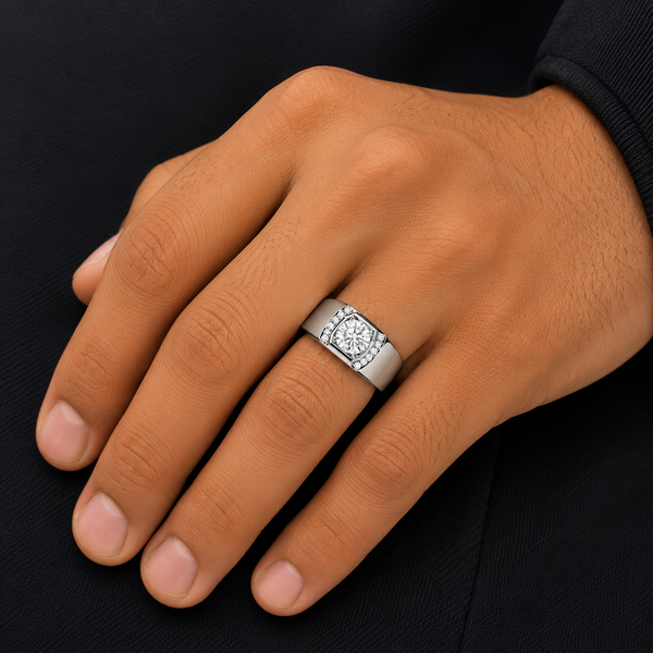 Round Cut Lab Grown Diamond Pave Set Men's Ring For Anniversary Gift