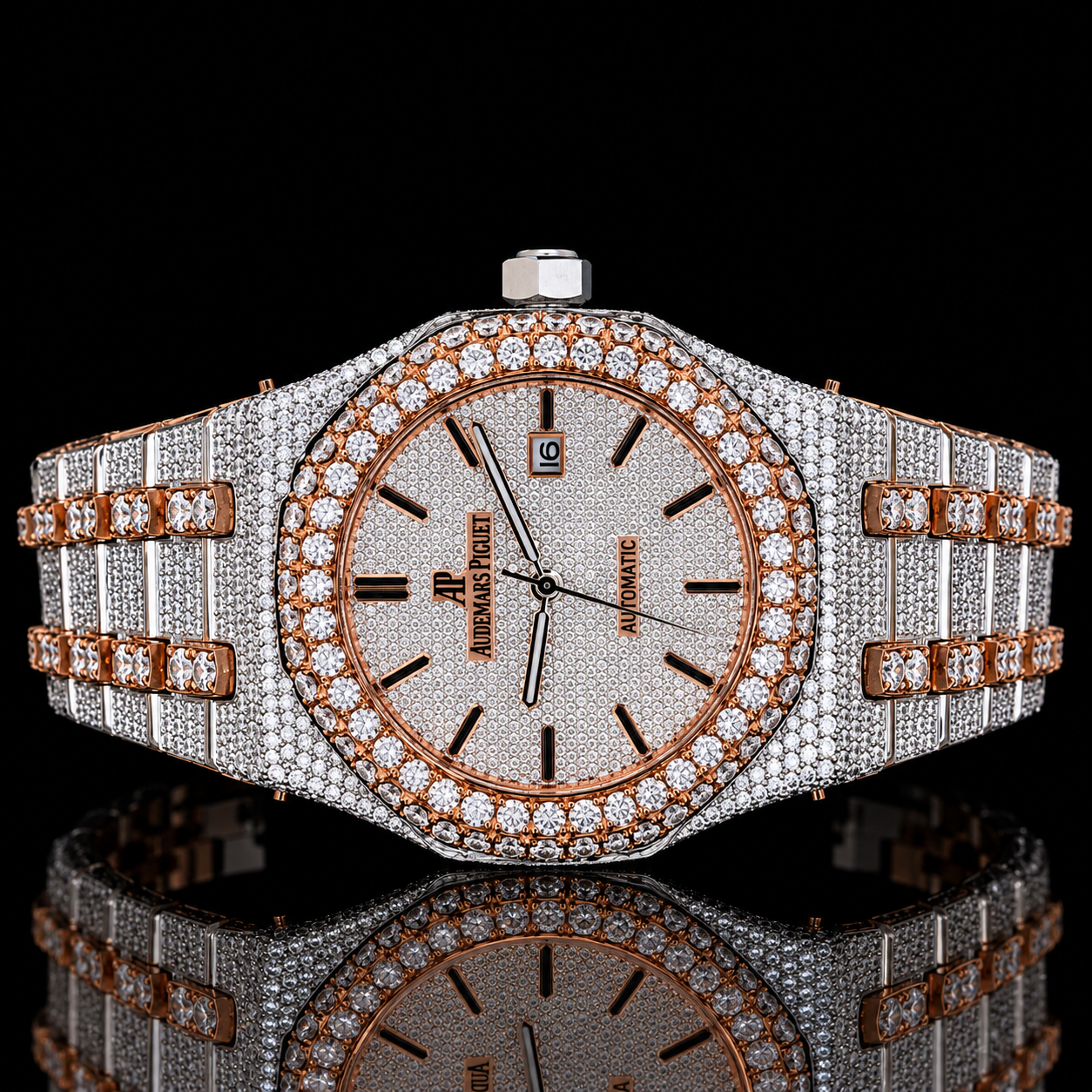 Dual Tone Moissanite  Diamond Iced Out Automatic Movement Luxury Watch For Men's