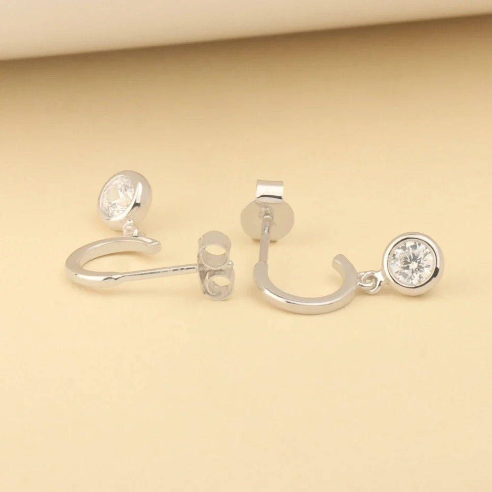 Round Cut Moissanite Bezel Drop Hoop Earrings in 14K White Gold