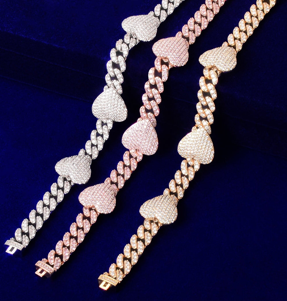 Moissanite Heart Miami Cuban Link Men's Hip Hop Bracelet