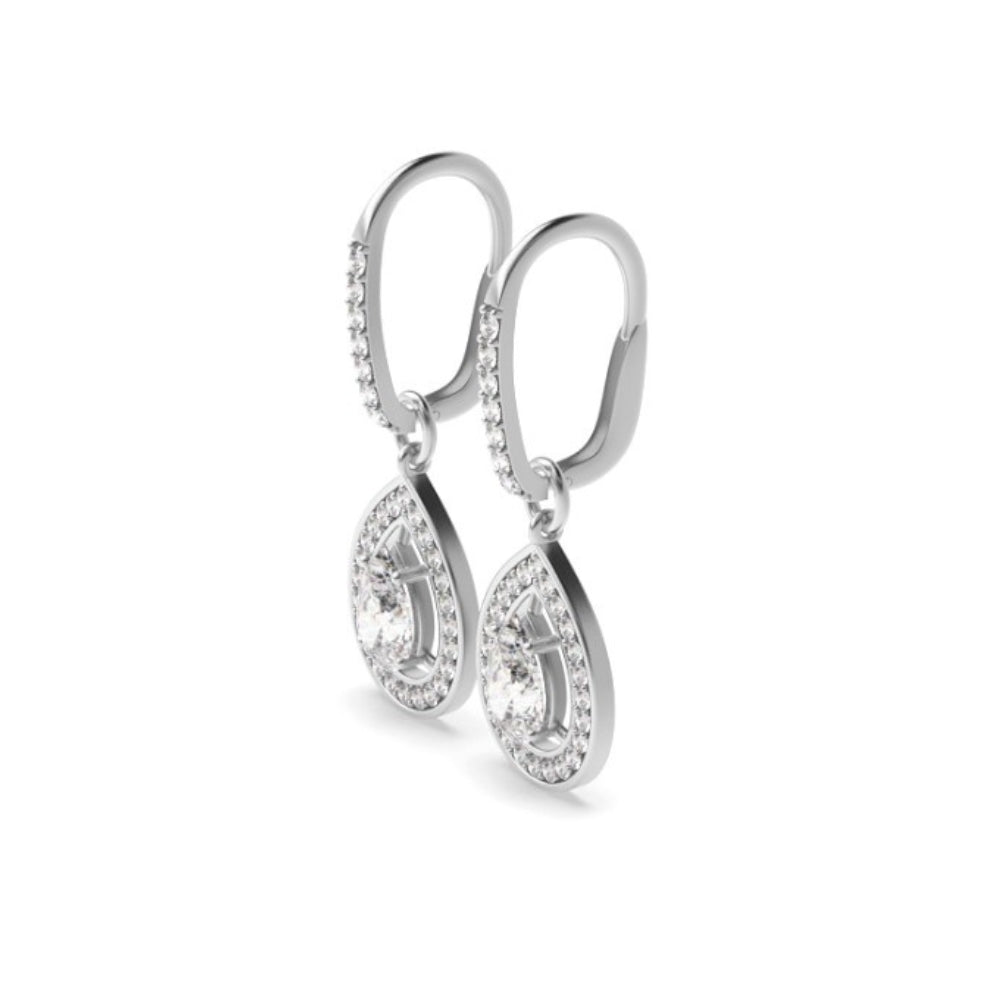18K White Gold Pear Cut Moissanite Halo Drop Earrings