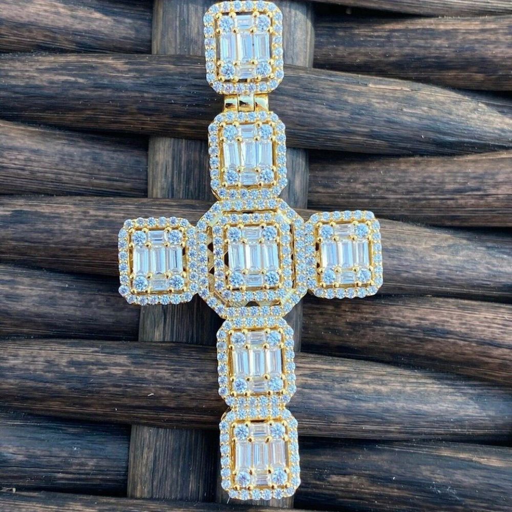 Baguette Cut Moissanite Diamond Rapper Style Cross Pendant