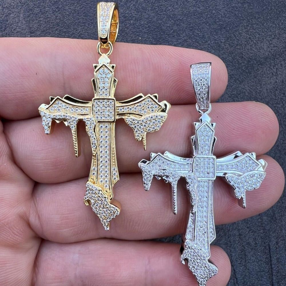 Iced Out Moissanite Diamond Cross Bling Pendant For Men's