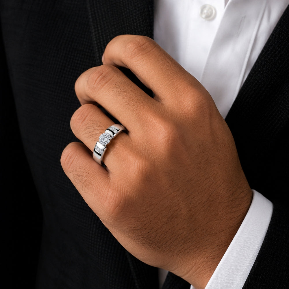 Round Cut Bar Set Lab Grown Diamond Men's Ring For Anniversary Gift