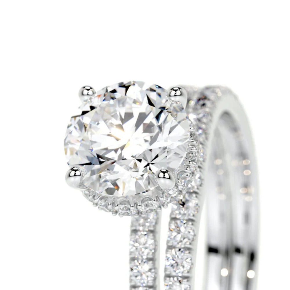 Moissanite Round Cut Hidden Halo Ring Set For Wdding