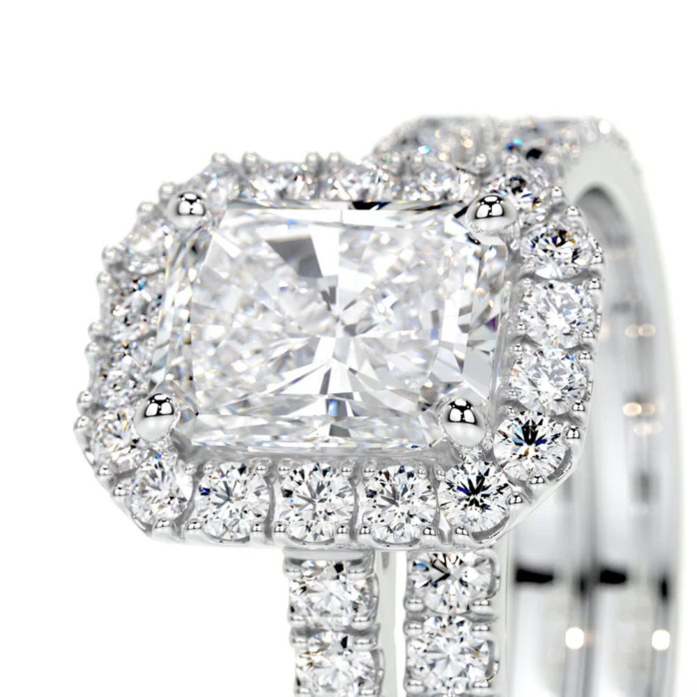 Radiant Cut Moissanite Halo Style Bridal Ring Set