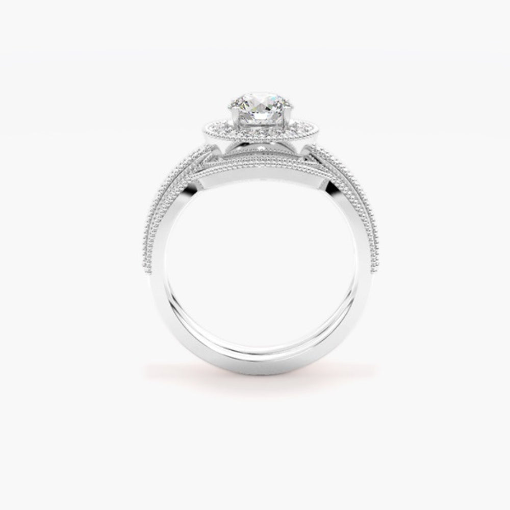 Moissanite Round Cut Halo Ring Set For Wedding