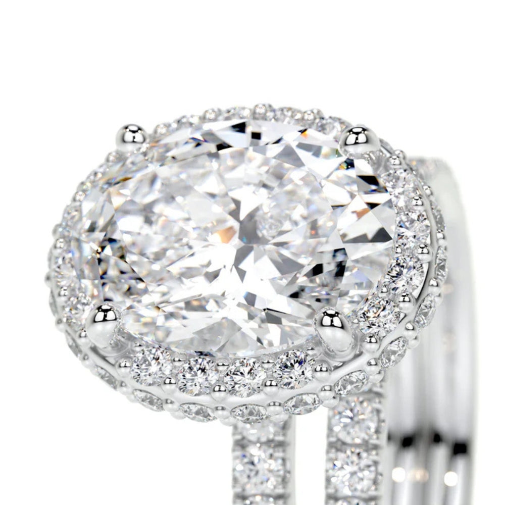 Oval Cut Moissanite Hidden Halo Ring Set For Wedding