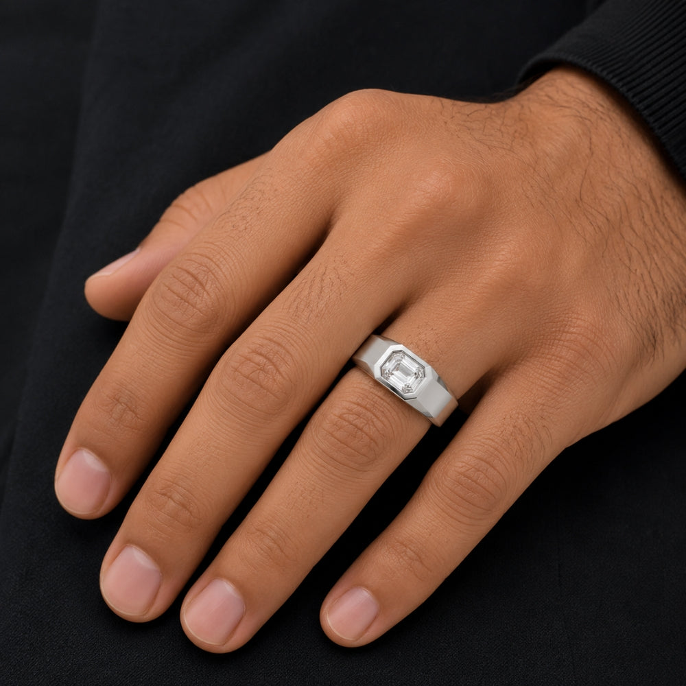 Emerald Cut Lab Grown Diamond Solitaire Bezel Set Proposal Ring