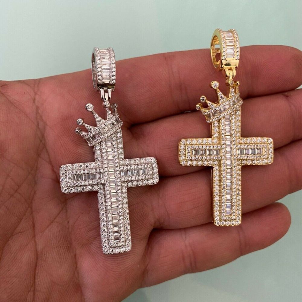 Iced Out Moissanite Diamond Cross With Crown Pendant