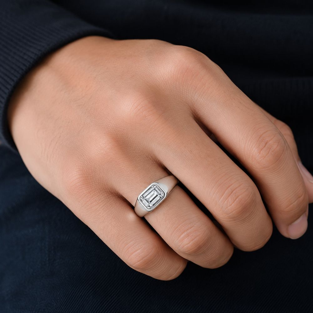 Emerald Cut Solitaire Bezel Set Lab Grown Diamond Engagement Ring