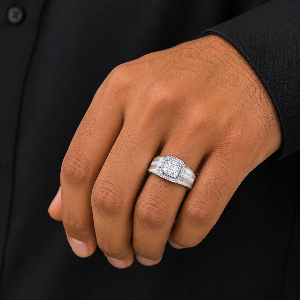 Asscher Cut Lab Grown Diamond Halo Style Men's Ring For Birthday Gift