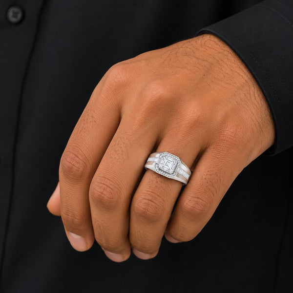 Asscher Cut Lab Grown Diamond Halo Style Men's Ring For Birthday Gift