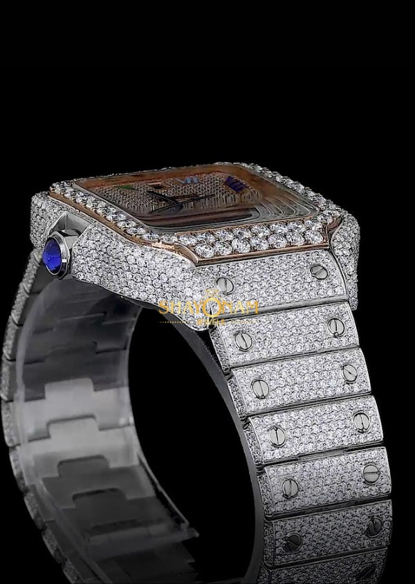 Dual Tone Moissanite Iced Out Rainbow Dial Luxury Watch