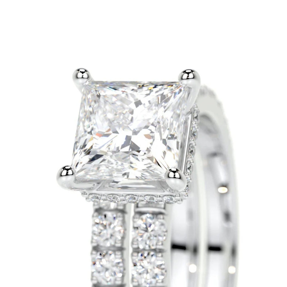 Princess Cut Moissanite Hidden Halo Bridal Ring Set