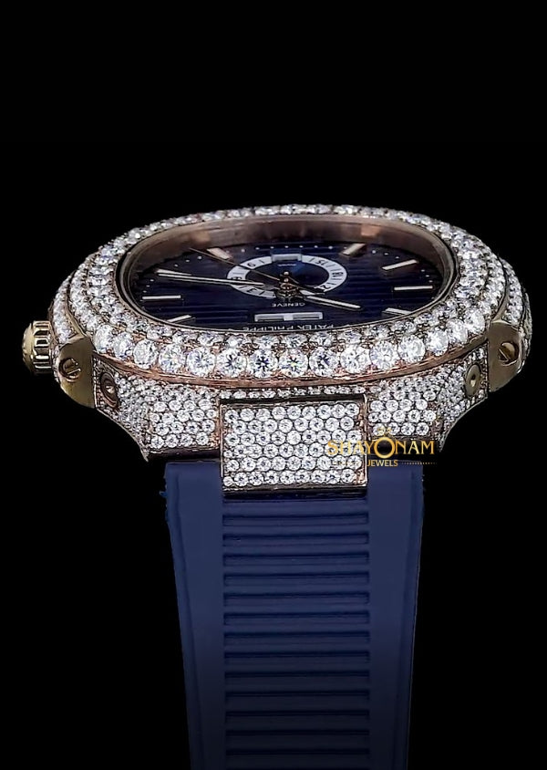 Blue Dial Iced Out Moissanite Rubber Strap Men's Watch