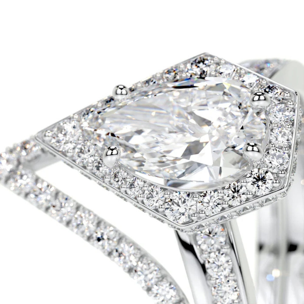 Pear Cut Moissanite Hidden Halo Ring Set For Bridal