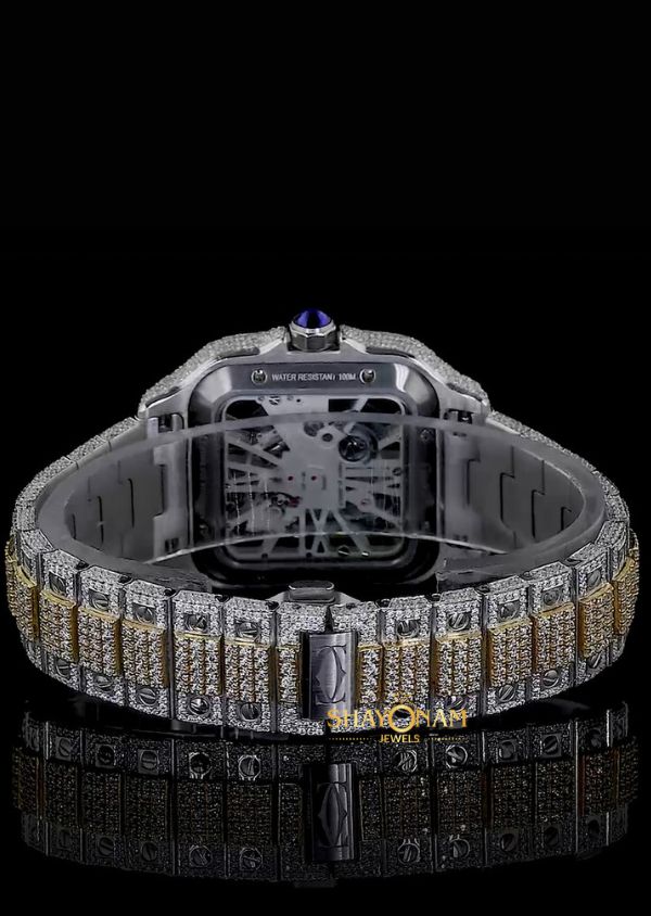 Iced Out Moissanite Diamond Dual Tone Skeleton Wrist Watch