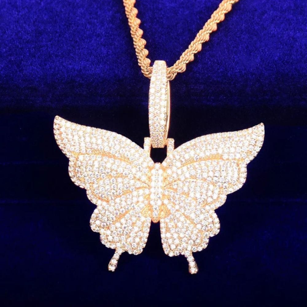 Round Cut Iced Out Lab Grown Diamond Butterfly Pendant