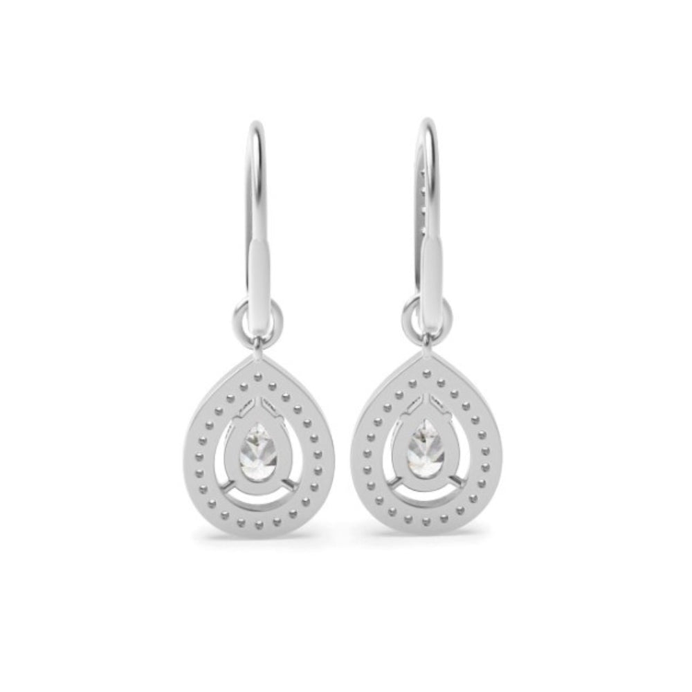 18K White Gold Pear Cut Moissanite Halo Drop Earrings