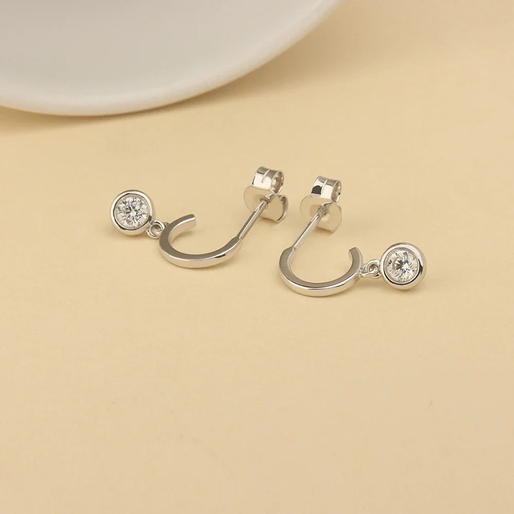 Round Cut Moissanite Bezel Drop Hoop Earrings in 14K White Gold