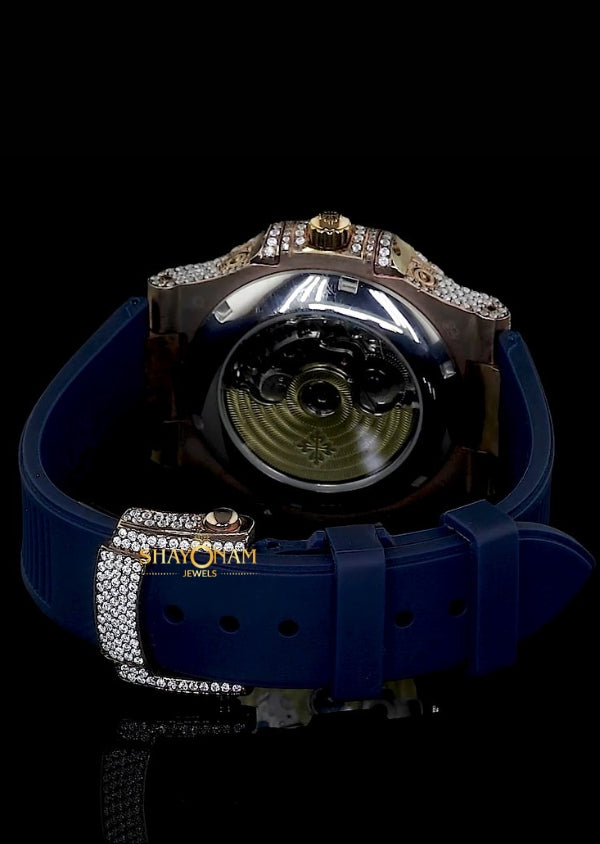 Blue Dial Iced Out Moissanite Rubber Strap Men's Watch