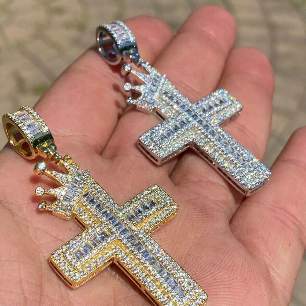 Iced Out Moissanite Diamond Cross With Crown Pendant