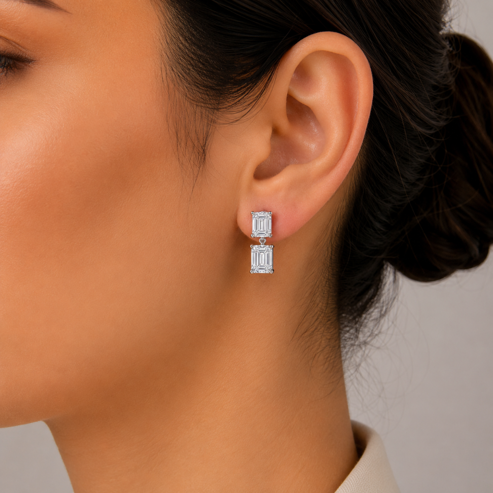 Emerald Cut Moissanite Prong Set Drop Dangle Earring