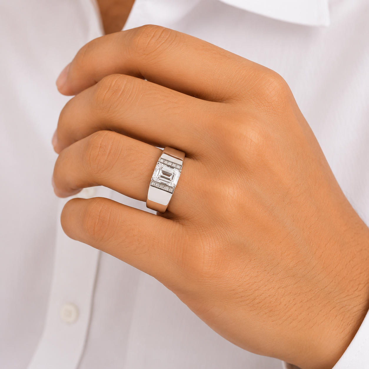 Emerald Cut Lab Grown Diamond Bar Set Men's Ring