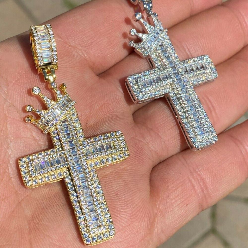 Iced Out Moissanite Diamond Cross With Crown Pendant