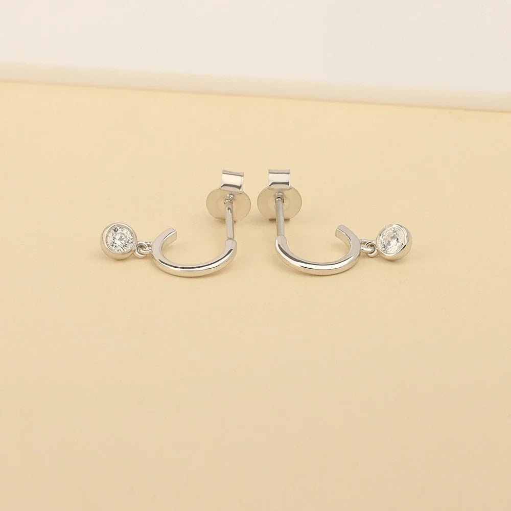 Round Cut Moissanite Bezel Drop Hoop Earrings in 14K White Gold