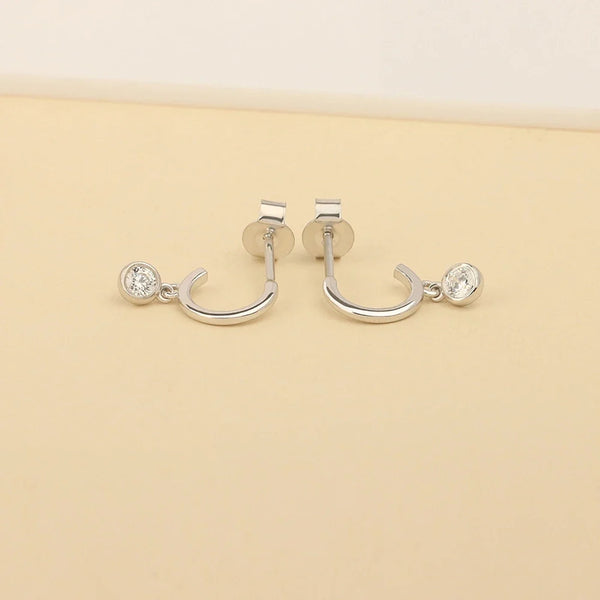 Round Cut Moissanite Bezel Drop Hoop Earrings in 14K White Gold