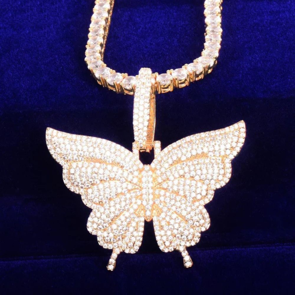 Round Cut Iced Out Lab Grown Diamond Butterfly Pendant