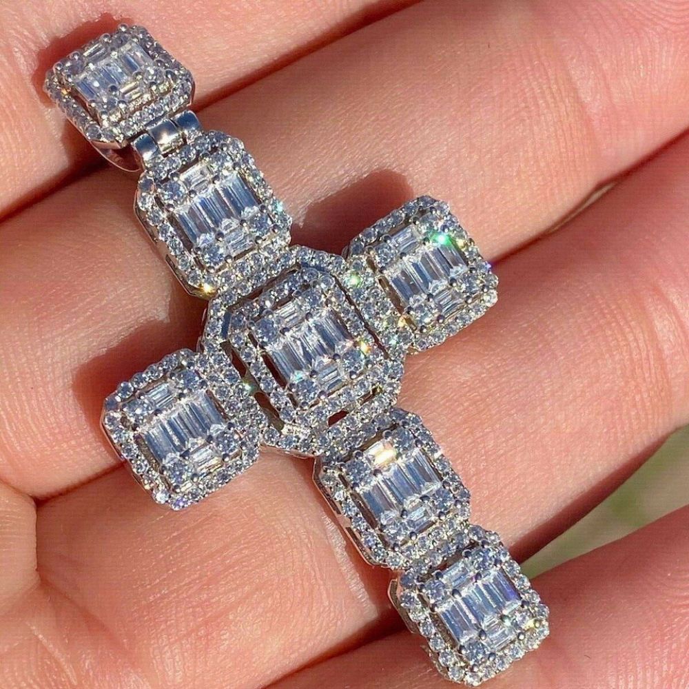 Baguette Cut Moissanite Diamond Rapper Style Cross Pendant