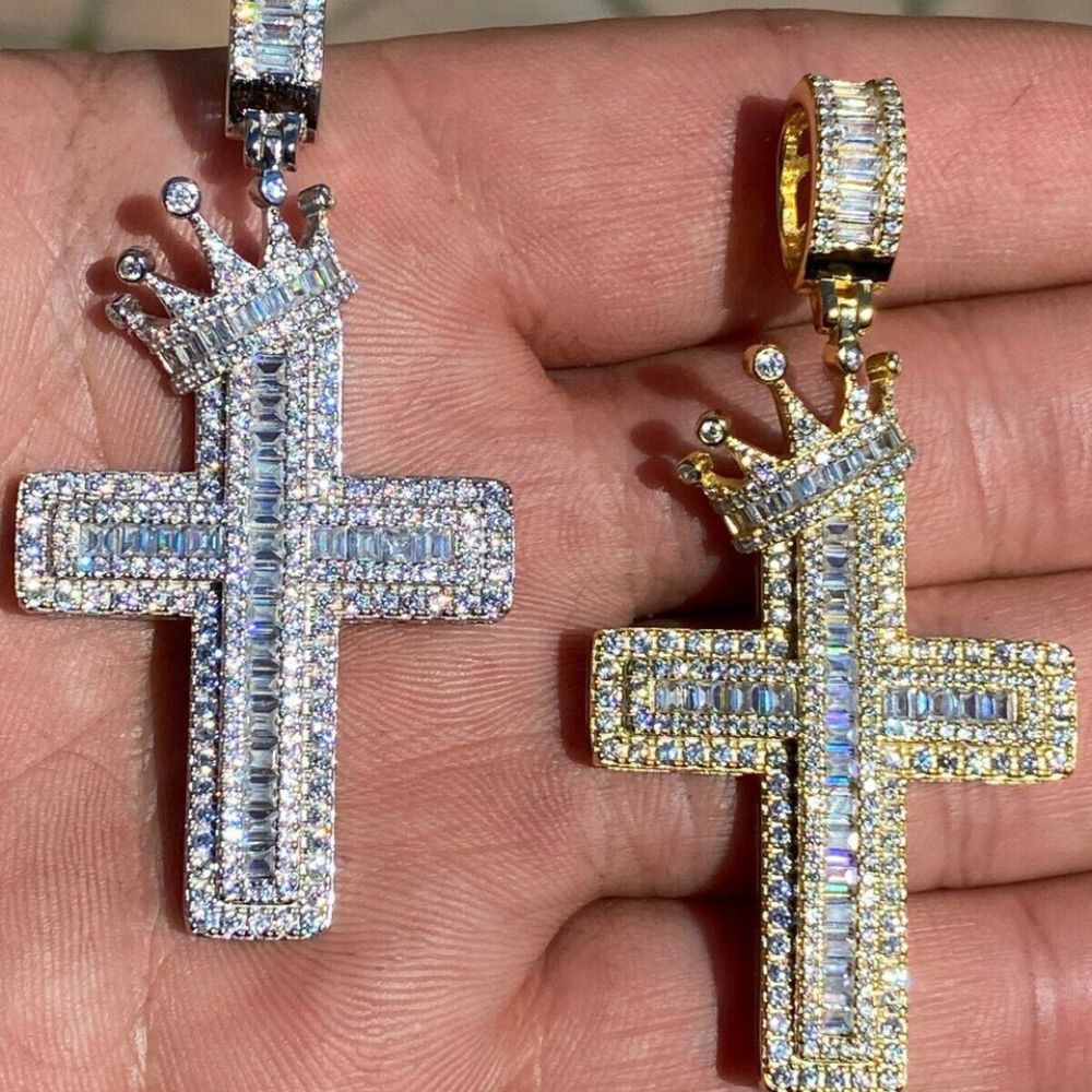 Iced Out Moissanite Diamond Cross With Crown Pendant