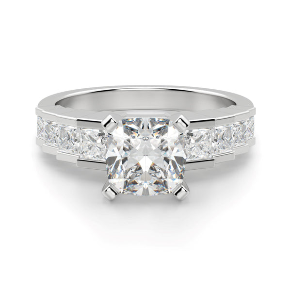 Cushion Cut Step Cut Pave Set Engagement Ring